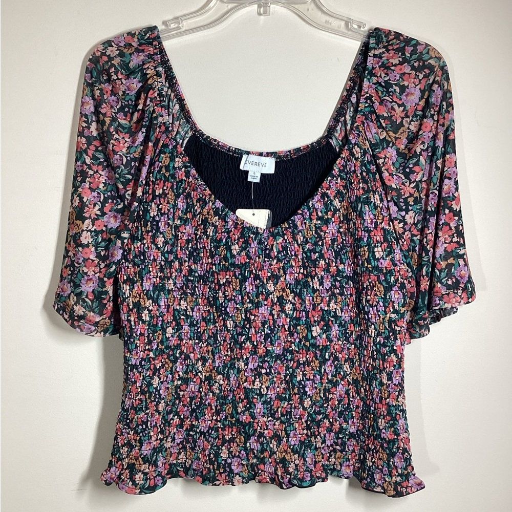 NWT Evereve L Anika BOHO Floral Smocked Lined Blouse Mesh Sleeve Black Pink Red